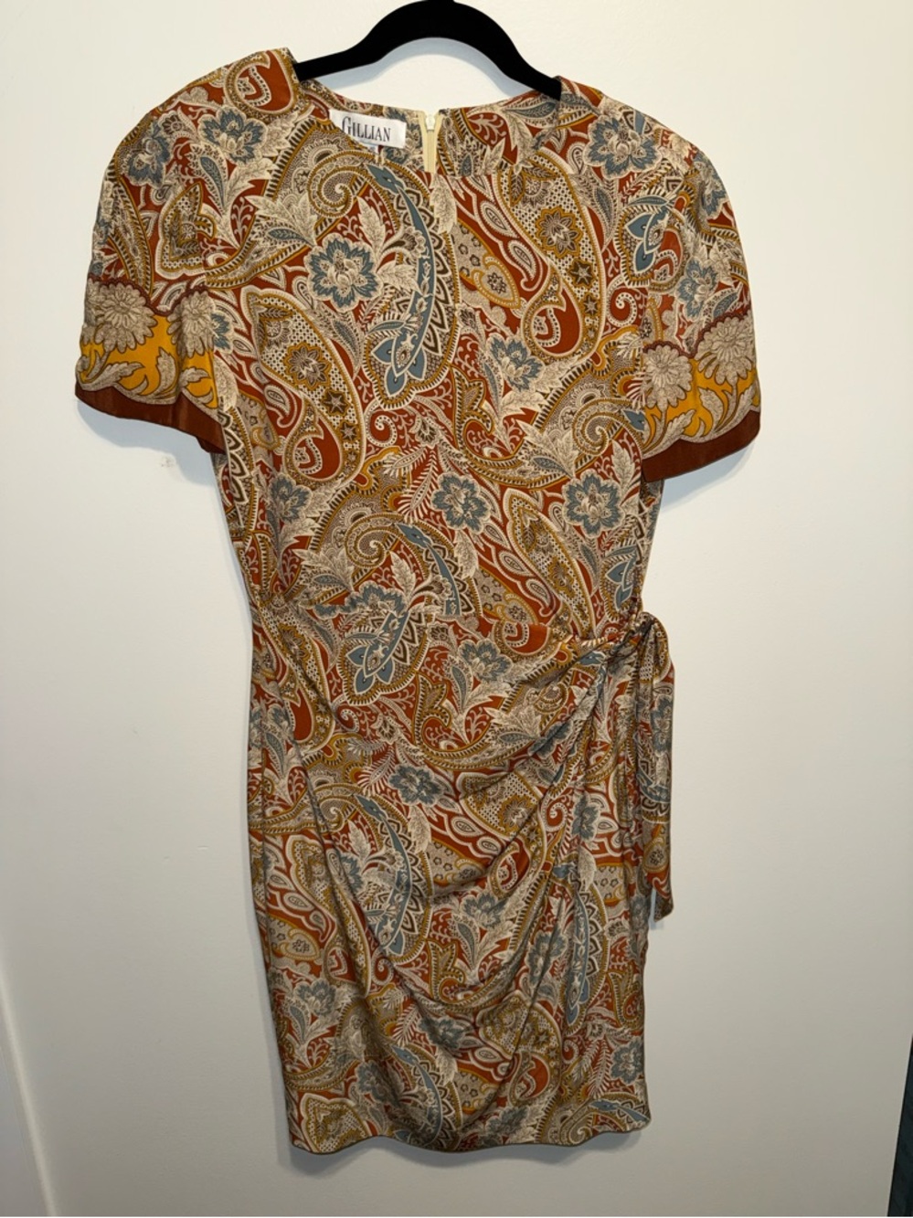 Gillia Paisley Silk Faux Wrap Capsule wardrobe Dress in Rust, Mustard & Blue
